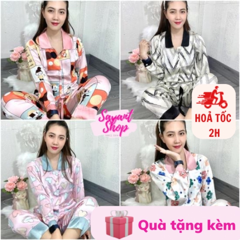 Bộ Mặc Nhà Pijama Tay Dài Lụa Satin Cao Cấp In Nhiệt 3D Mẫu Mới