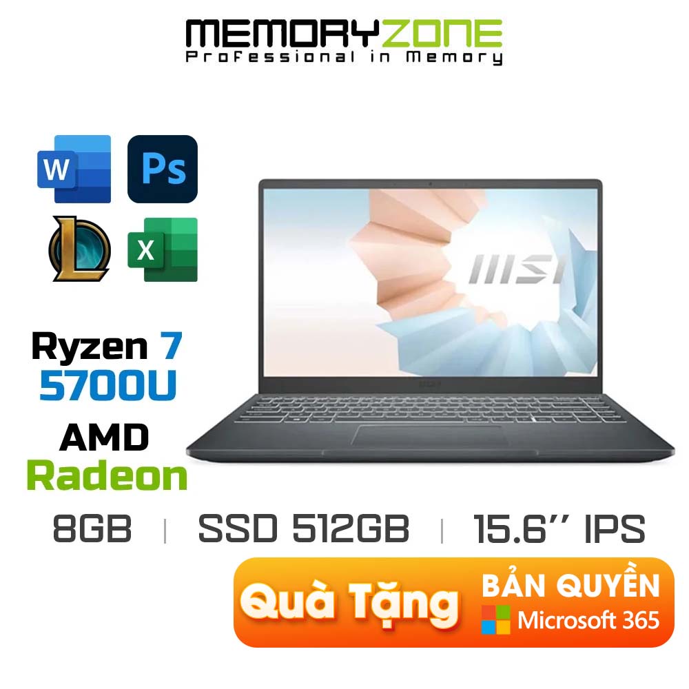 Máy tính Laptop MSI Modern 15 A5M-237VN (Ryzen 7 5700U, Radeon Graphics, Ram 8GB DDR4, SSD 512GB, 15.6 Inch IPS FHD)