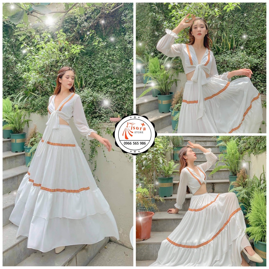 Set Váy Maxi Boho Trắng Viền Thổ Cẩm, Sẵn Mút Ngực ISORA