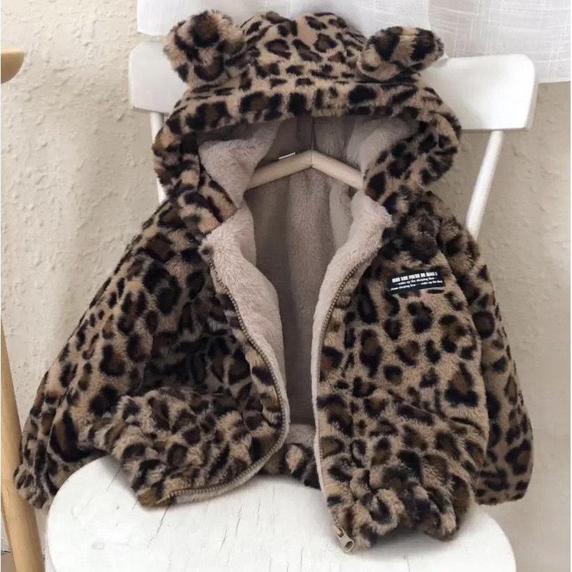 Áo Khoác Giả Lông Thú Giữ Ấm Tai Họa Tiết Da Báo Thời Trang Thu Đông Dành Cho Trẻ Em