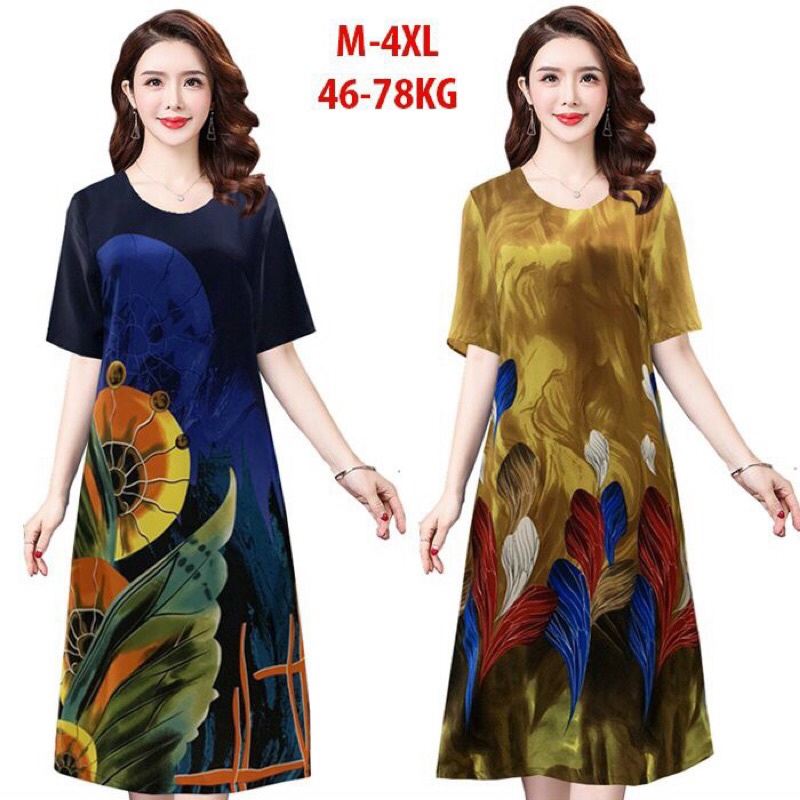 Đầm suông trung niên in họa tiết nhiều màu