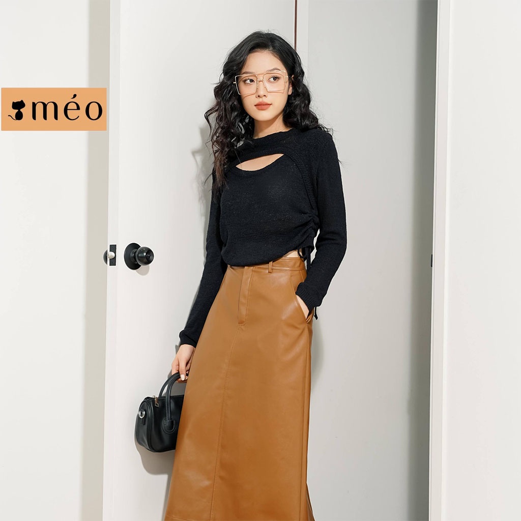 Áo len nữ Méo shop dáng croptop dài tay cổ cách điệu rút dây eo Hanna