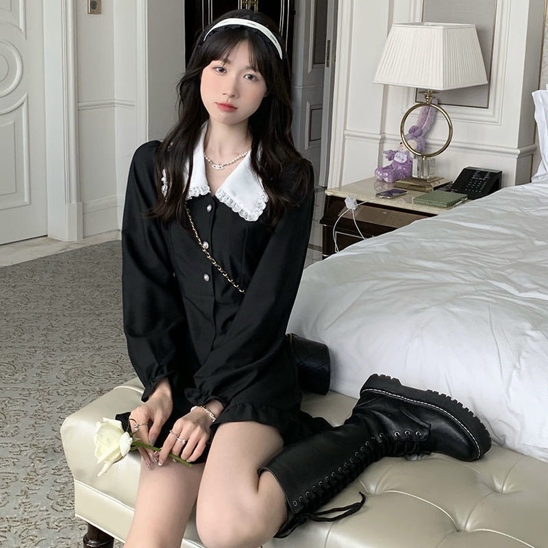 IELGY IELGY Đầm Ngắn Tay Dài Cổ Chữ v Phong Cách Hàn Quốc Cho Nữ