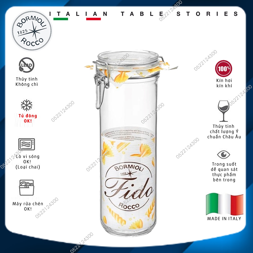 Lọ thủy tinh đựng mì ý, nắp cài kim loại FIDO thân tròn hình trụ cao 1360ml - Bormioli Rocco