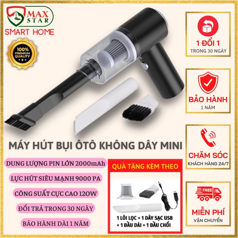 MÁY HÚT BỤI OTO CẦM TAY KHÔNG DÂY MINI CÔNG SUẤT 120W HÚT CỰC MẠNH 9000PA DUNG LƯỢNG PIN 2000 SẠC CÁP USB