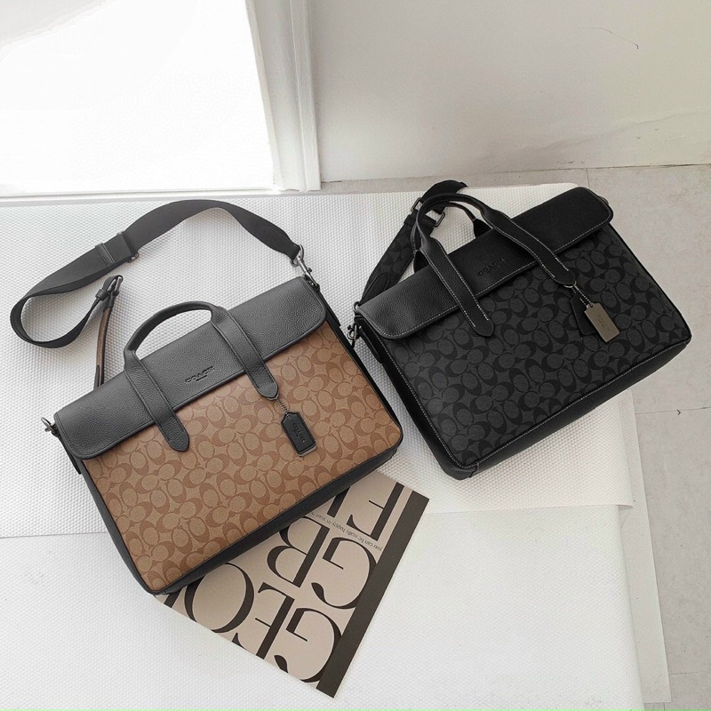 Cặp nam công sở da thật pha canvas bền đẹp Coach, có quai đeo chéo, vừa A4, laptop