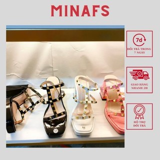 Giày sandal nữ cao gót minafs đế đúp cao 9cm gót vuông quai đinh tán màu xanh trắng đen hồng - sdd