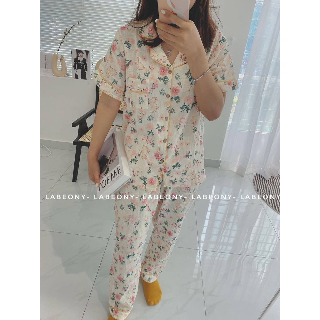 Đồ bộ nữ mặc nhà pijama ngắn dài tay thỏ hoa nhí xô muslin dễ thương Labeony