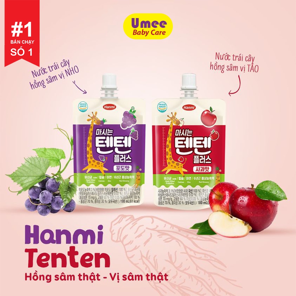 Nước Hồng Sâm Hoa Quả Hanmi TenTen Hàn Quốc Túi 100ml Đủ Vị Cho Bé