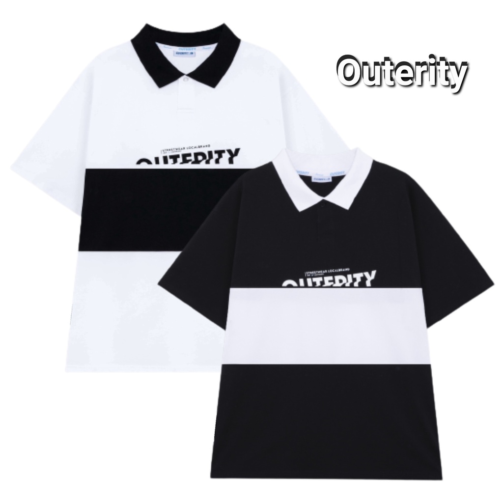 Áo polo local brand unisex Outerity Cá Sấu Cross - Italics / Áo thun cổ bẻ nam nữ dáng rộng màu Đen & Trắng - ORT.B 707