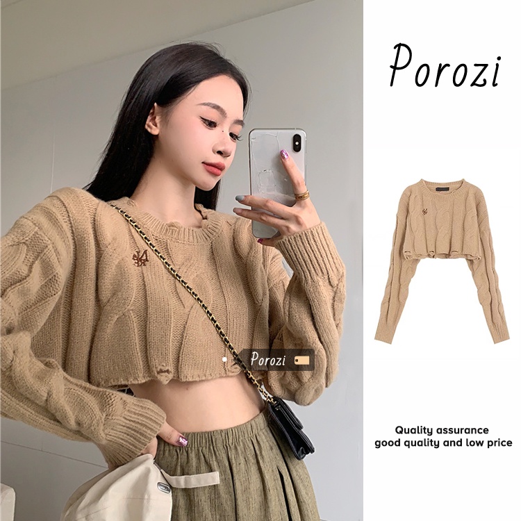 Porozi Áo sweater tay dài cổ tròn hở rốn phong cách thời trang Hàn Quốc cho nữ
