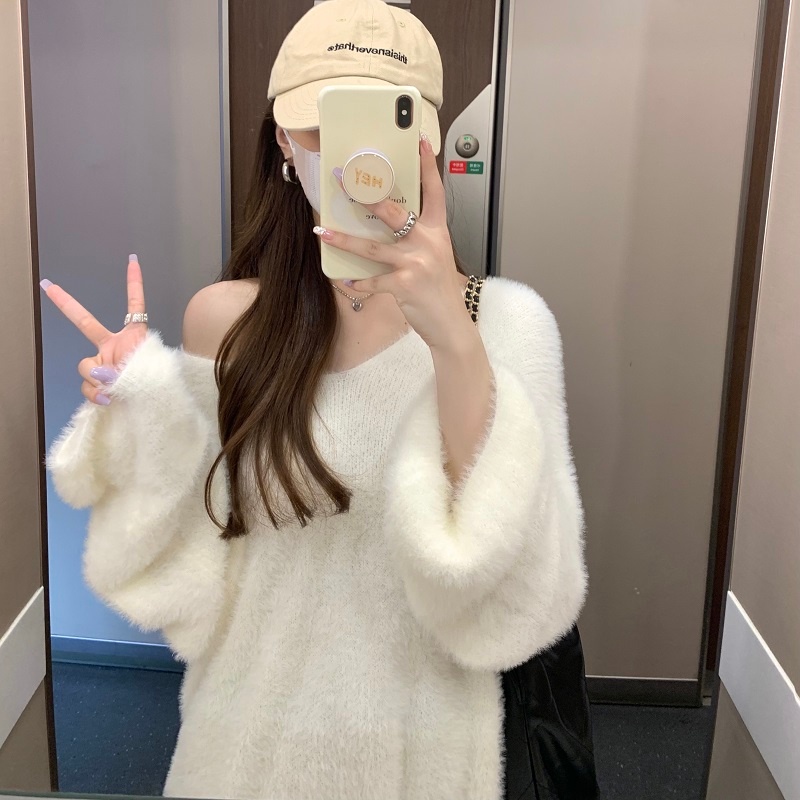 ZHELIHANGFEI Áo Khoác Len Lông Chồn Cổ Chữ V Dáng Rộng Thời Trang Mới Cho Nữ