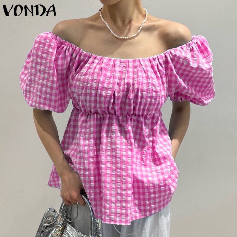 Áo kiểu Vonda tay ngắn phồng cổ vuông họa tiết sọc caro phong cách Hàn Quốc