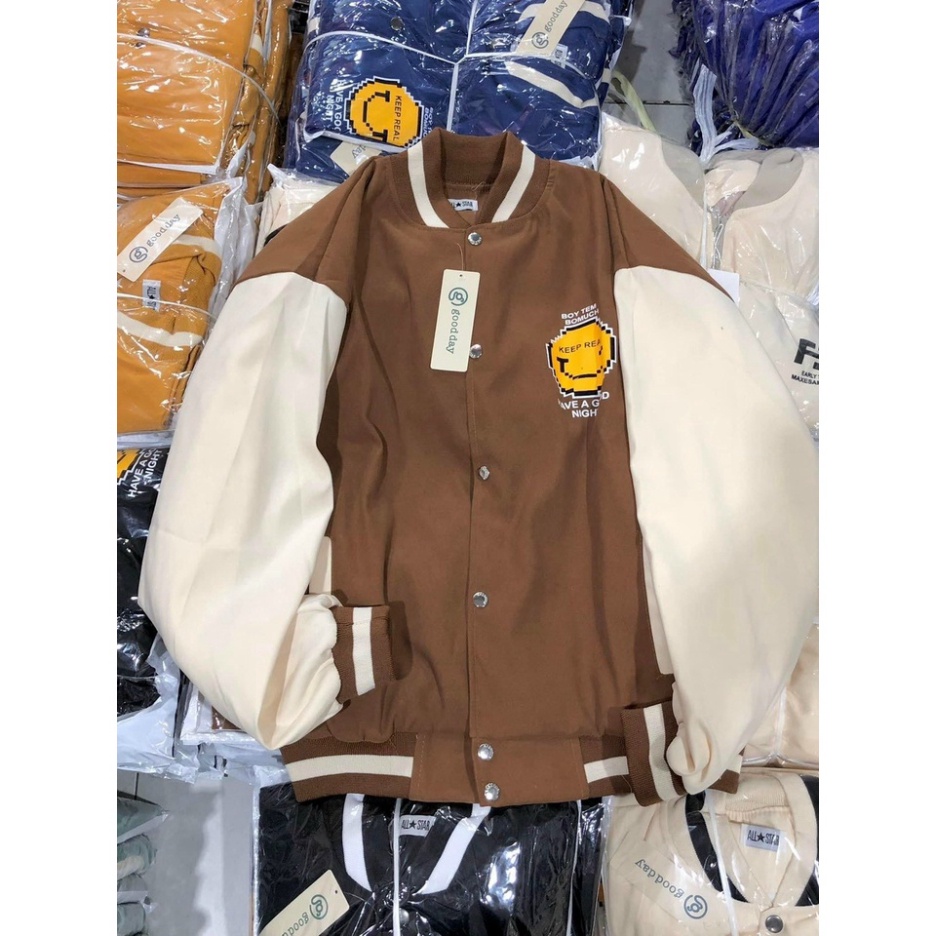 Áo Khoác Bomber In Nổi Mặt Cười Vải Da Lộn Kèm Ảnh Thật GKT48