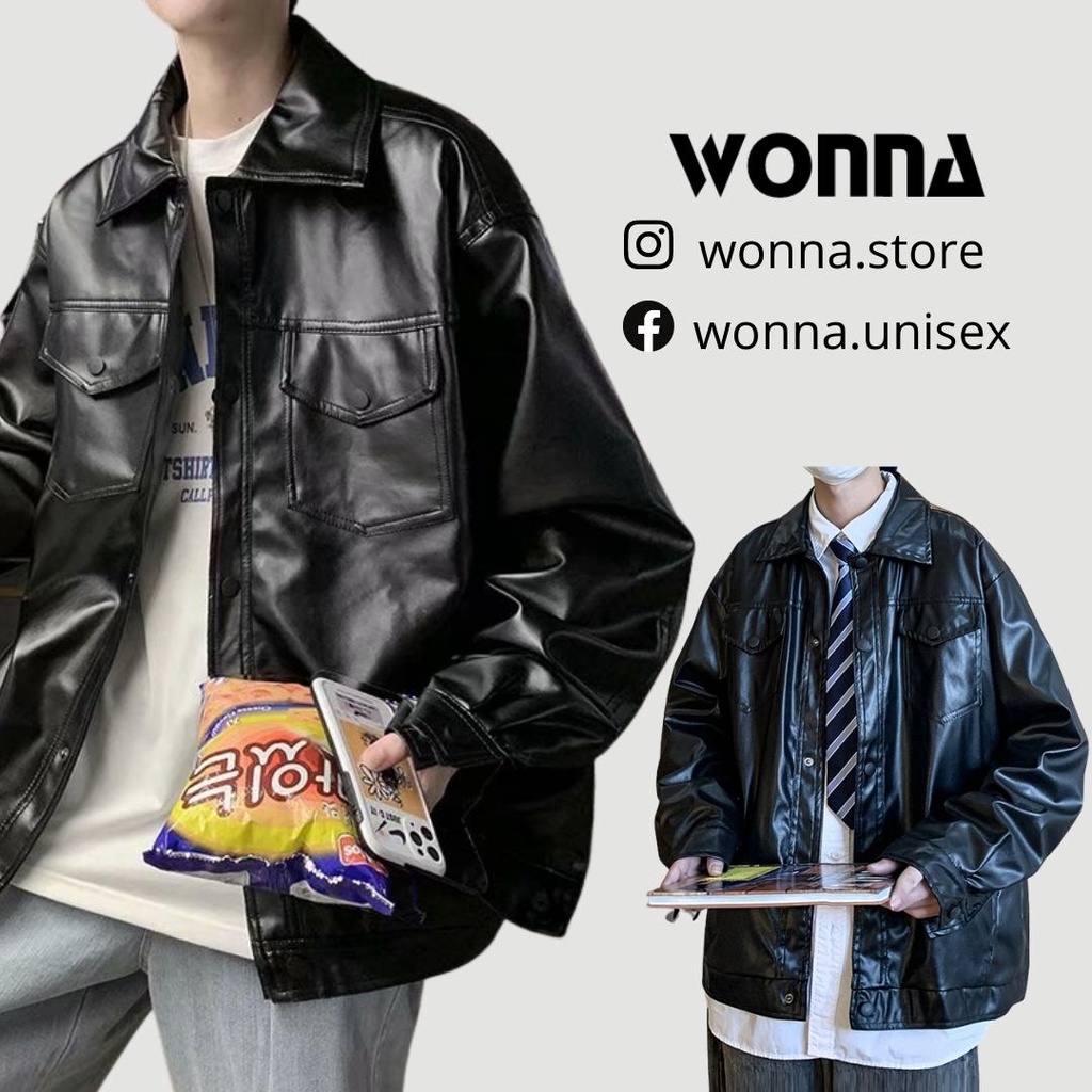 S-3XL ÁO DA PU NAM UNISEX JACKET FORM BASIC MÀU ĐEN ÁO KHOÁC DA THỜI TRANG DÀNH CHO NAM NỮ