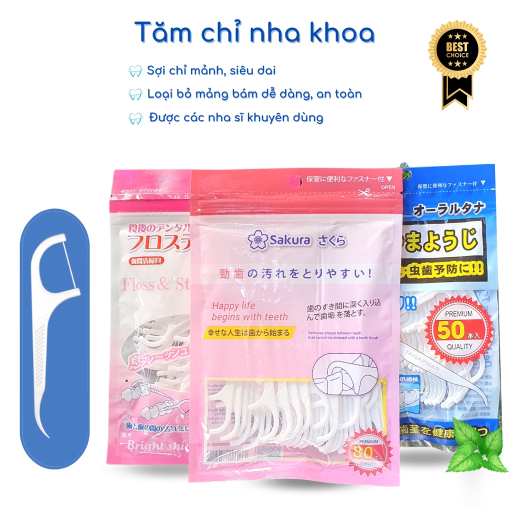 Tăm chỉ nha khoa Nhật Bản Sakura - Sunny - Haka, gói 80 que