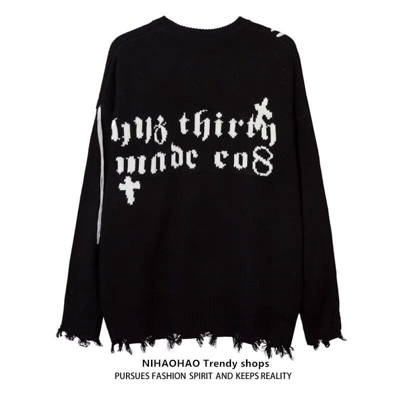Áo Sweater Dệt Kim Dáng Rộng Phối Rách Kiểu Đường Phố Thời Trang Thu Đông Cho Các Cặp Đôi