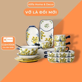 Bộ bát đĩa hoa vàng , chén dĩa decor hoa mai vàng Alifis