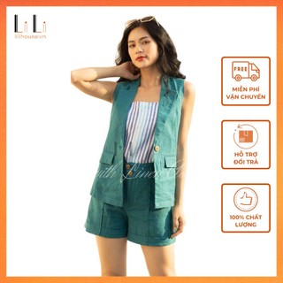 Áo Blazer Nữ Sát Nách Cao Cấp Phối Quần Short Nữ Lưng Cao Ống Rộng Chất Vải Linen