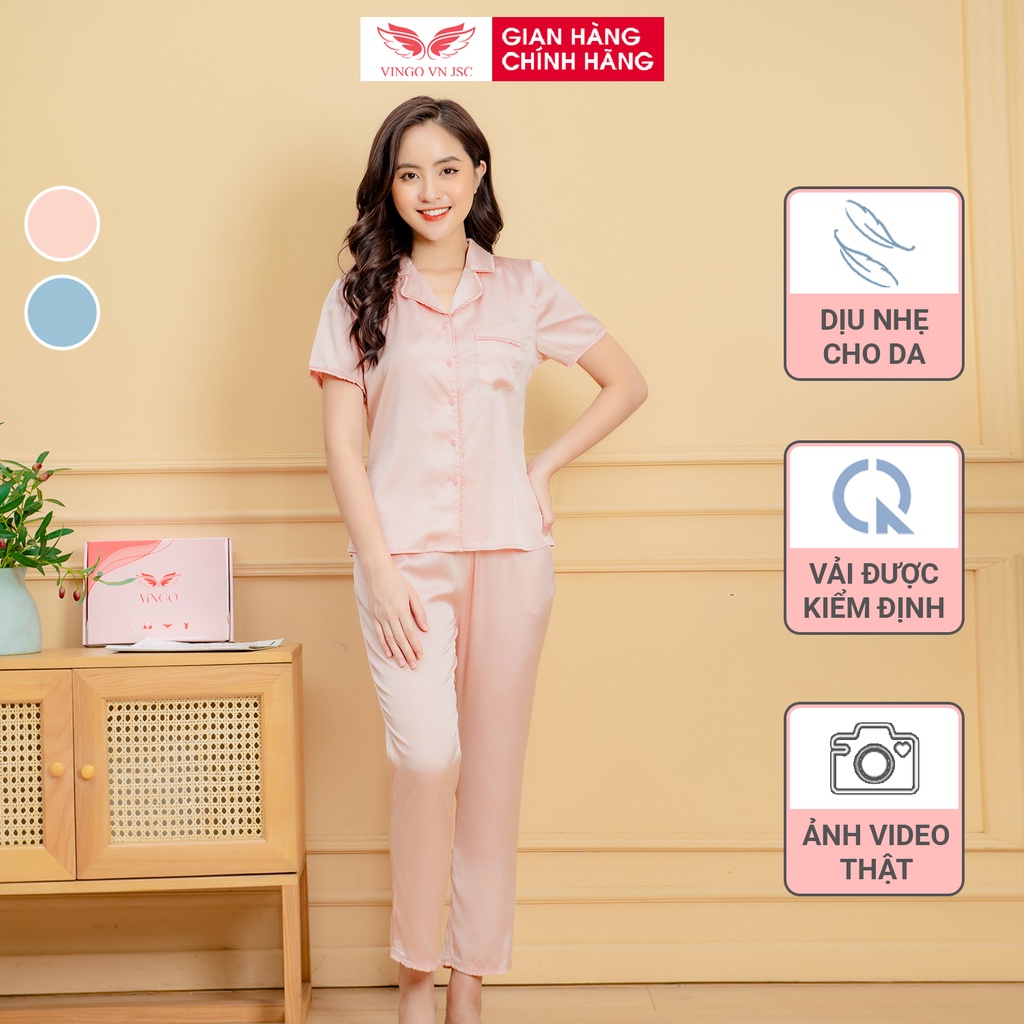 Bộ Đồ Mặc Nhà Pijama Lụa Cao Cấp Thu Đông VINGO Tay Ngắn Quần Dài Phối Viền Bèo Trẻ Trung H177 VNGO