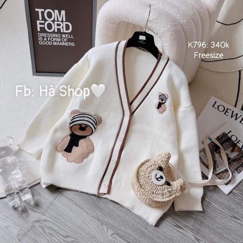 Áo khoác len cardigan gấu nâu thêu nổi form rộng dài giấu quần
