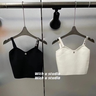 22 autumn and winter Alexander Wang-letter rhinestone short Suspender top sexy hot girl style all-match inner base knitted vest for women