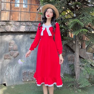 Đầm Đi Chơi NHẬT VY Tay Dài Phối Bèo Cổ Nơ Trắng Chất Cotton Gân Dáng Xoè Màu Đỏ, Vàng - D1826