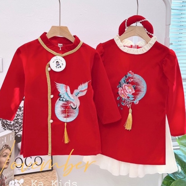 Set áo dài nhung đôi giống nhau cho bé trai và gái
