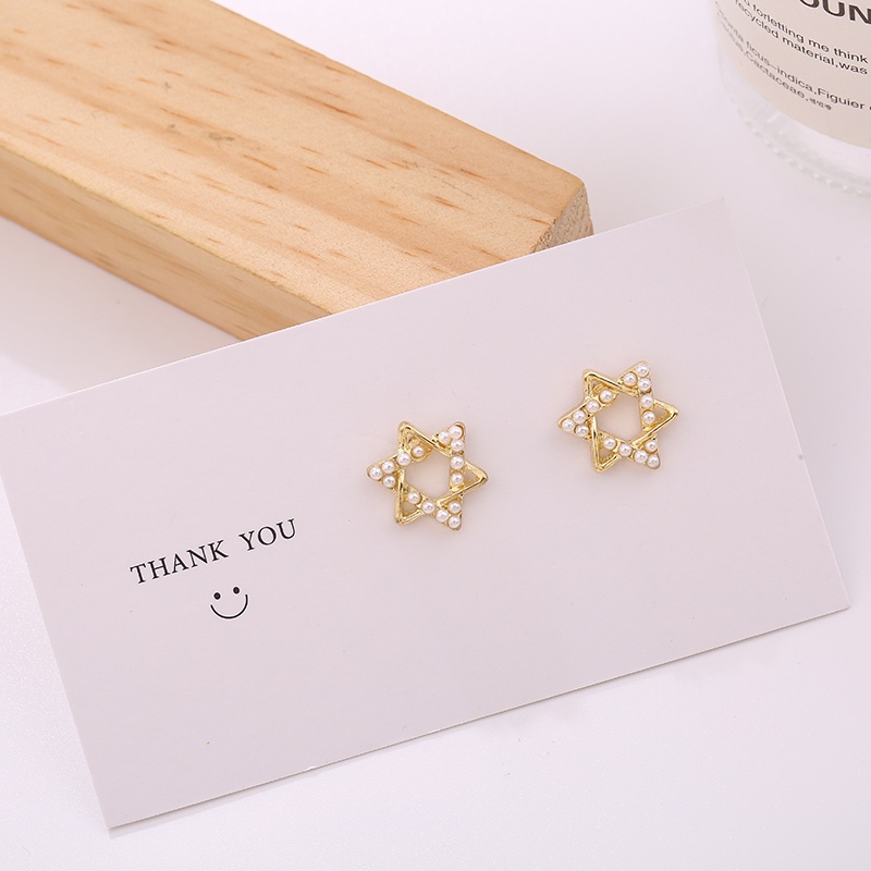 Bông Tai Hình Lục Giác Rỗng Đính Ngọc Trai Đơn Giản Thanh Lịch