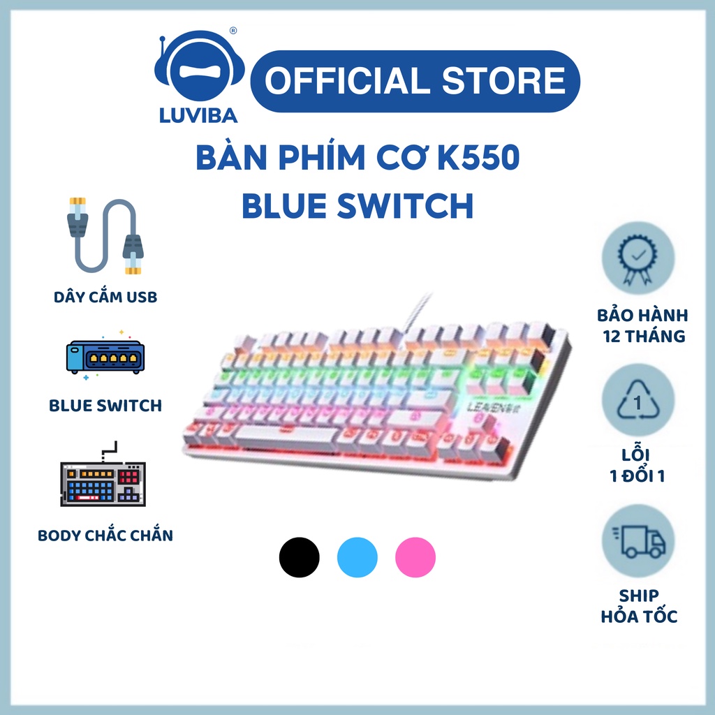 Bàn phím cơ máy tính TKL có dây gaming giá rẻ blue switch led RGB LUVIBA K550