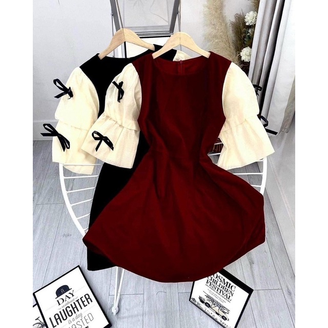 Đầm nhung cứng phối tay nơ bigsize_saigon(55-90kg)