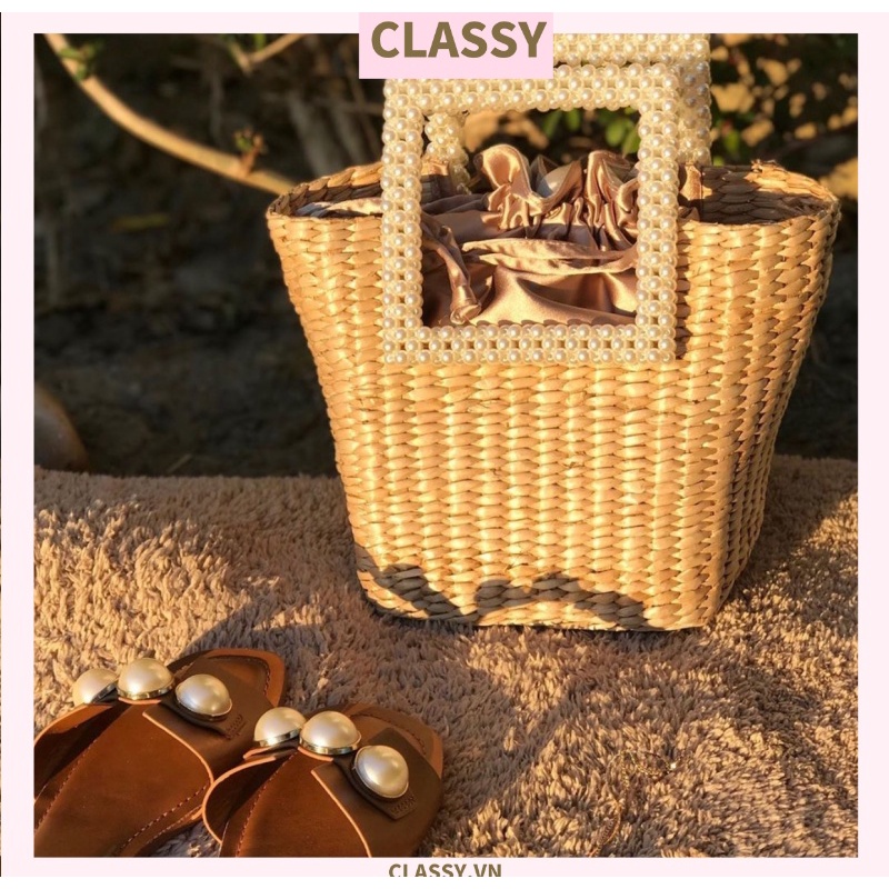 Classy Túi Cói cao cấp quai đính hạt, lớp lót trong bằng satin sang trọng, kèm quai đeo chéo; dung tích rộng rãi (T550)
