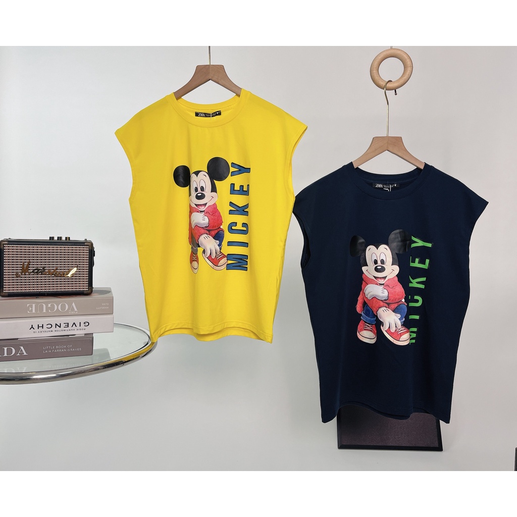 Áo thun nữ có cổ kiểu trễ vai in hình MIckey Hiphop chất cotton 100% siêu mát mịn