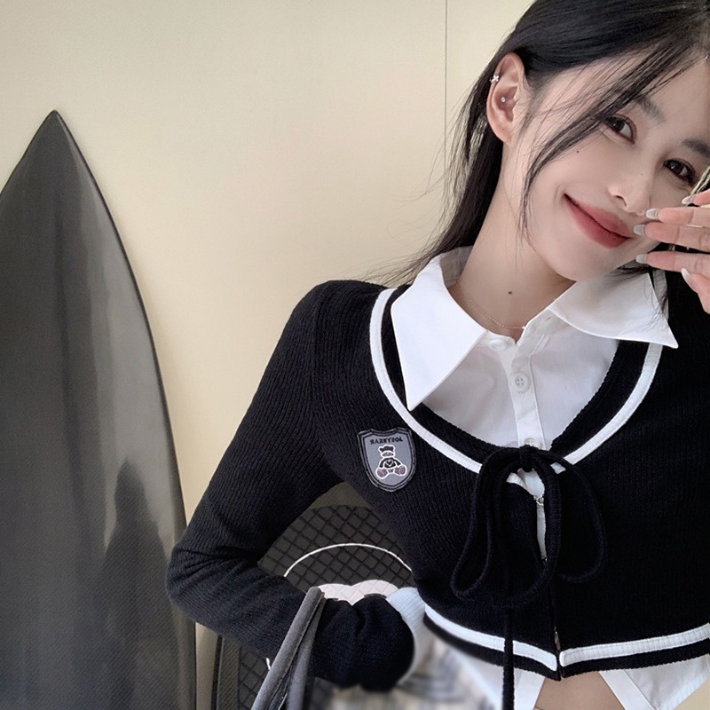 Áo Cardigan Dệt Kim Tay Dài Cổ Tròn Màu Sắc Tương Phản Thời Trang Cho Nữ