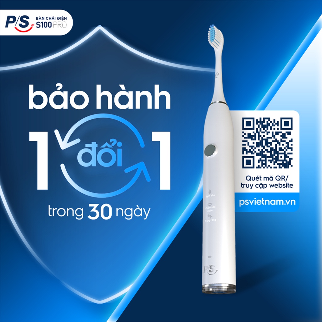 Bàn Chải Điện P/S S100 PRO - Công Nghệ Sóng Âm, Chải Sạch Mảng Bám Tới 10X - Trắng Sáng