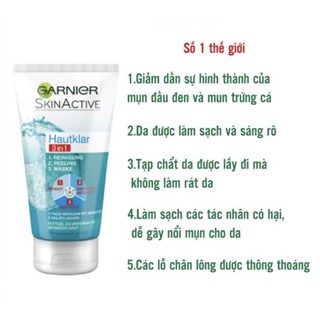 Gel rửa mặt GARNIER 3 trong 1 tác dụng làm sạch da, tẩy tế bào chết kết hợp mặt nạ dưỡng từ đất sét trắng làm trắng da