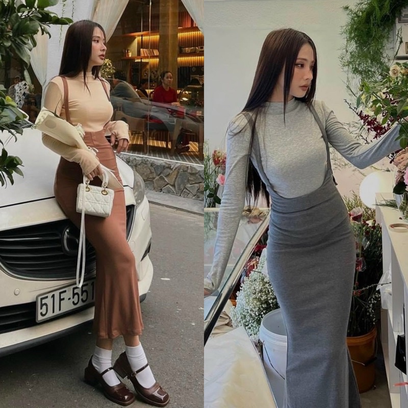 Set áo thun cổ lọ tay dài trắng xám kèm đầm yếm nâu dáng ôm body quyến rũ tôn dáng, thời trang hotgirl đi chơi dạo phố