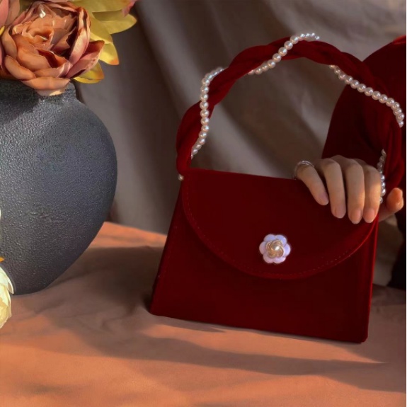 Túi đeo vai HAPPY HOMLIV phối dây ngọc trai thủ công với tay cầm màu vàng đồng cho nam và nữ