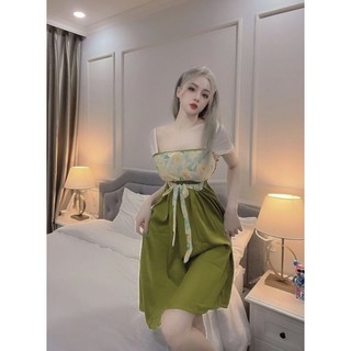 Bộ đầm lụa phối voan, lụa latin cao cấp, dây cột eo