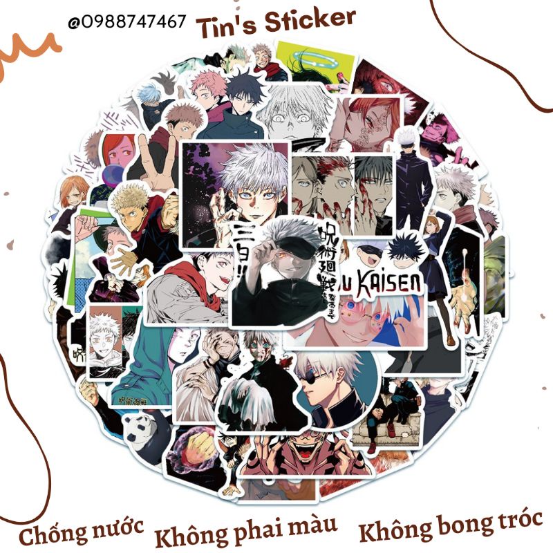 Set combo 50 miếng dán sticker Hoạt hình anime Chú Thuật Hồi Chiến Jujutsu Kaisen chống thấm nước dán nón mũ bảo hiểm