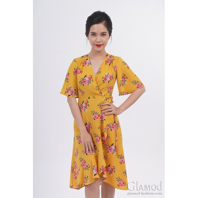 Đầm Glamod Wrap,tay loe, lai bèo, tùng đắp, cột nơ eo D9.630 _ vàng bông hồng