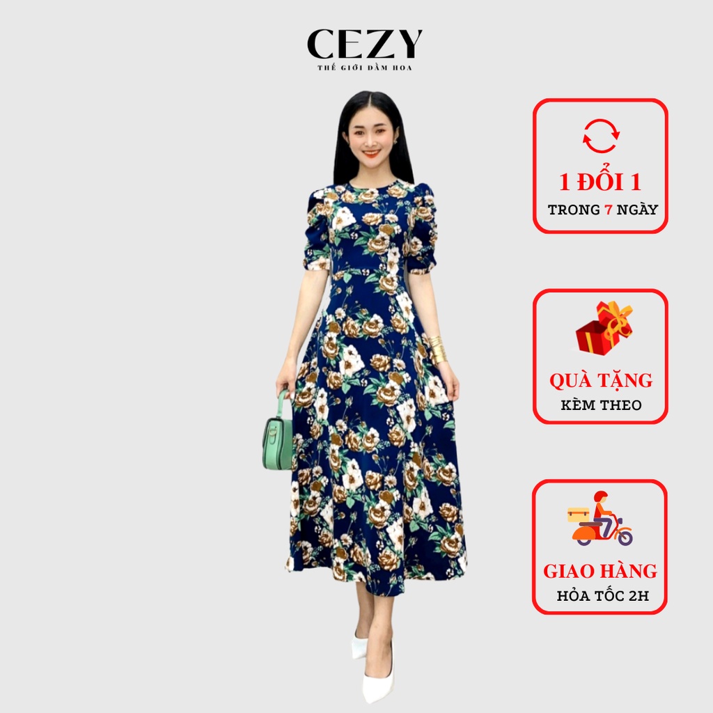 Đầm hoa cổ tròn tay phồng dáng xòe dài có size bigsize CEZY D119
