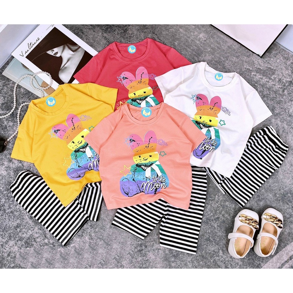 Sét3 Bộ đồ bé gái bộ đồ lửng quần sọc in hình GẤU TO THE MOON đáng yêu chất vải co giãn 4 chiều cho bé từ 10kg đến 30kg