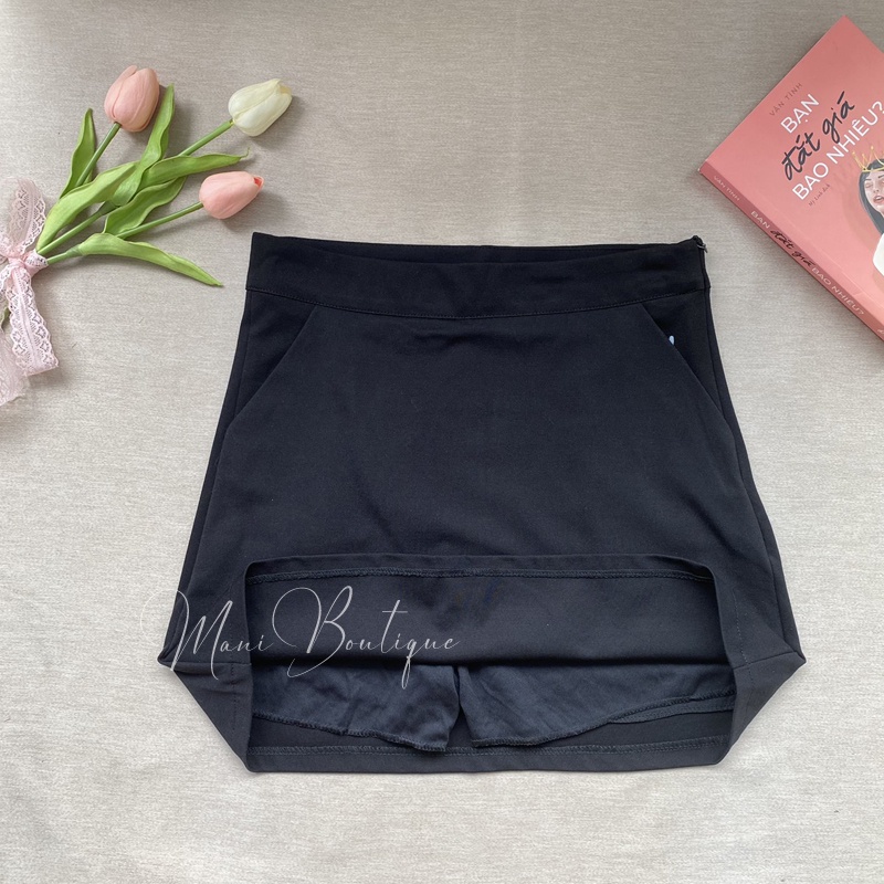 Chân váy chữ A ngắn có túi màu đen cạp lưng cao quần lót trong chất vải Umi hàn mặc đi làm công sở học chơi đẹp