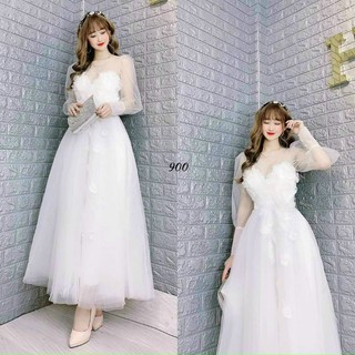 đầm xòe đính hoa tay phồng