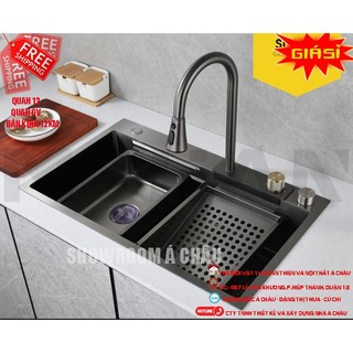 Bồn rửa chén 1 hộc nano xám,chậu rửa chén 304 chậu chén có vòi thác nước không gỉ tích hợp vòi rửa và thác nước tiện lợi