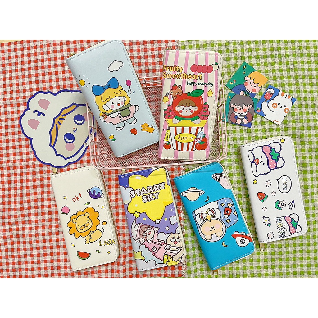 Ví Dài Cầm Tay, Bóp Cầm Tay Nữ Họa Tiết Hoạt Hình Cute Nhiều Ngăn Khóa Kéo Vàng