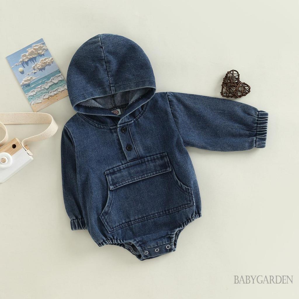 Bộ Áo Liền Quần Denim Tay Dài Có Nón Màu Trơn Dành Cho Bé Trai 0-24 Tháng Tuổi
