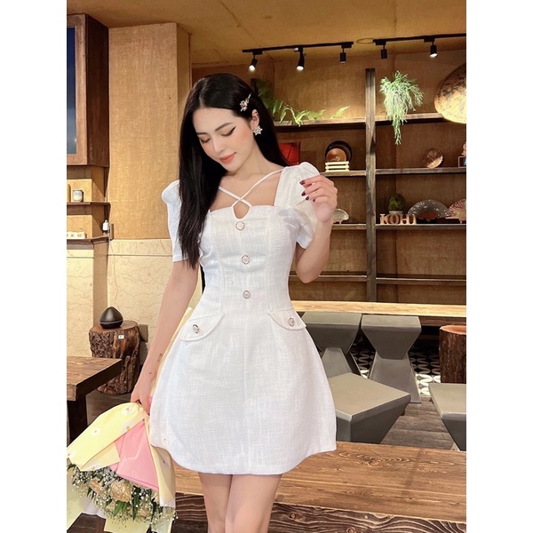Đầm bố dạ dây cổ 3 màu