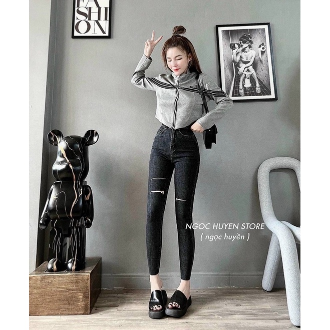 Set jeans dài lưng cao đen rách 3line+ crop petter phối viền